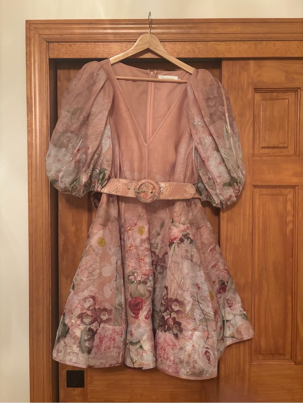 Zimmermann Dusty Rose Floral Puff-Sleeve Mini Dress